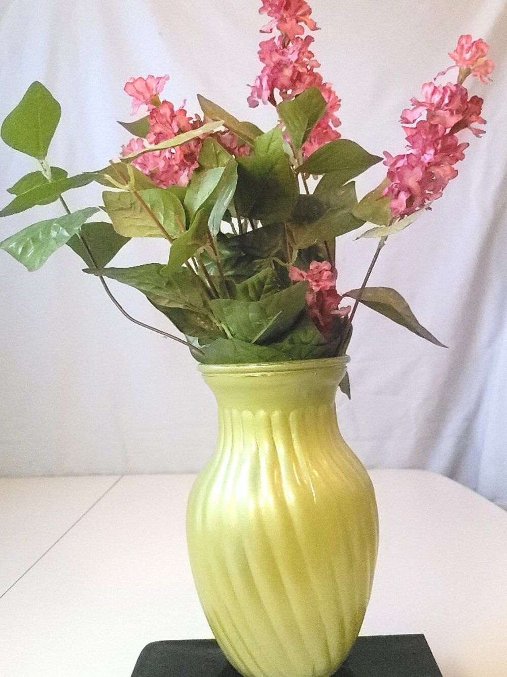 1974 Yellow Satin Glass Swirl Urn Vase with Faux Floral Arrangement 8.25"